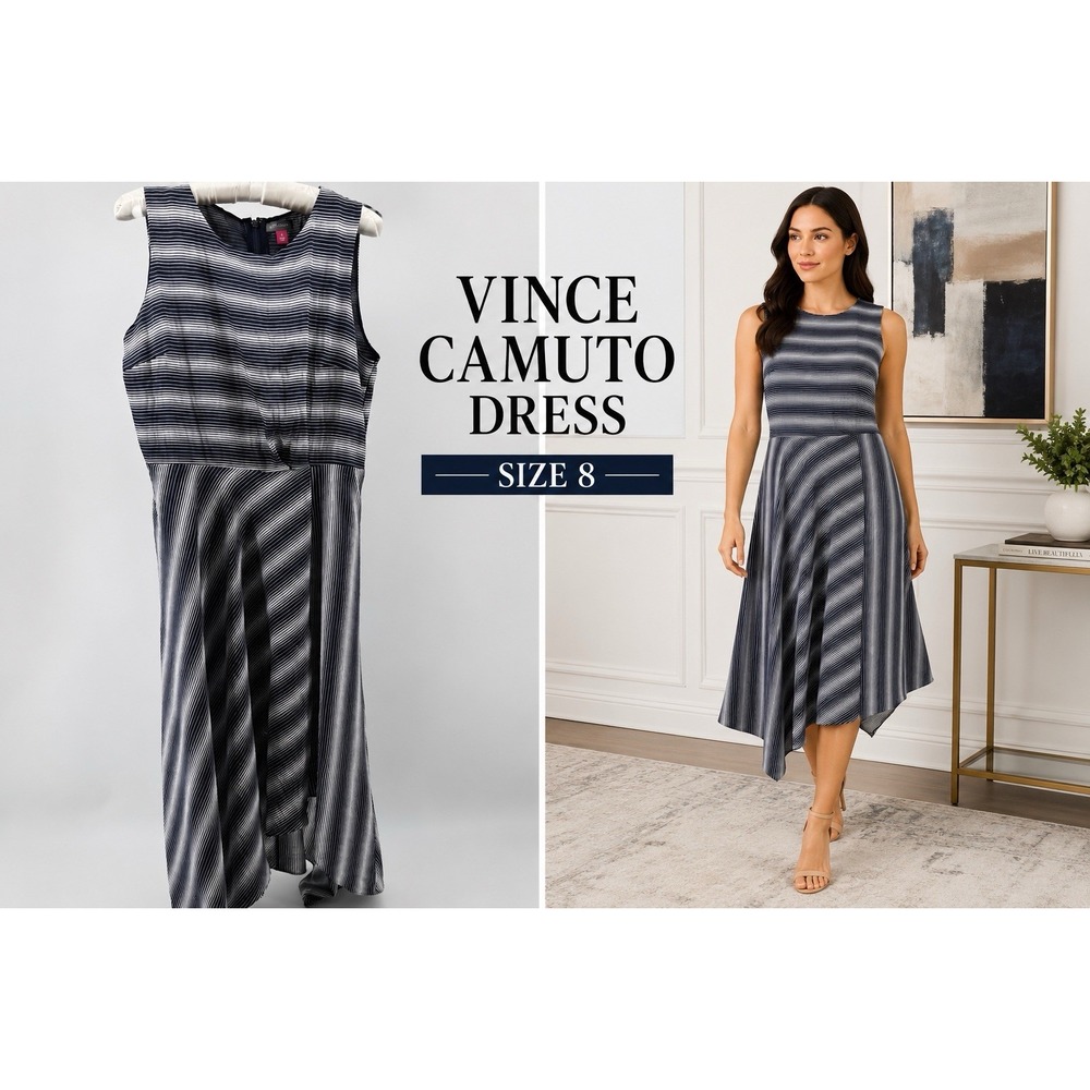 Vince Camuto Striped Assymmetrical Midi Dress Size 8 Modern Nautical Fit Flare